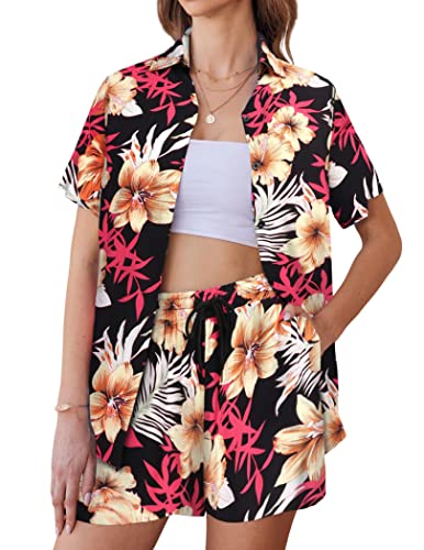 COOFANDY Damen-Blusen-Set, Hawaii-Outfit, Knopf, Lounge, Strand, Trainingsanzüge, Schwarz, S von COOFANDY