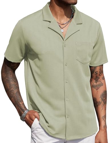 COOFANDY Freizeithemd Kurzarm Hemd Herren Sommer Strandhemd Casual Cuban Hemd Regular Fit Strickhemd Hemd Elastisch Herren Graugrün XXL von COOFANDY