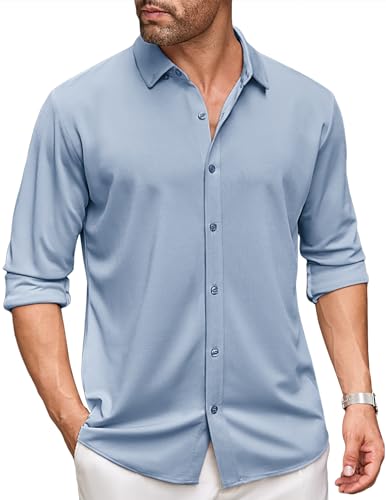 COOFANDY Freizeithemd Langarm Button Down Hemd Herren Elastisch Slim fit Langarmhemd Bügelfrei Hemden Hellblau L von COOFANDY