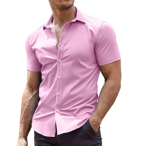 COOFANDY Freizeithemden für Herren Hemd Kurzarm Elastiscer Businesshemd Bügelleichte Oberteile Sommer Hemd Arbeitshemd Formales Hemd Hochzeit Hemd Hell-Pink L von COOFANDY