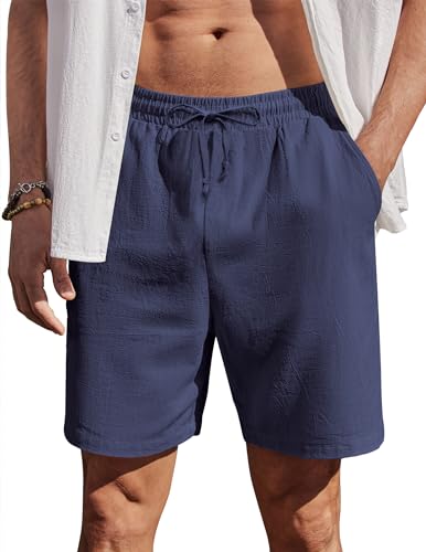 COOFANDY Freizeithosen Kurze Leinen Hosen Herren Shorts mit Tunnelzug Männer Sommerhose aus Baumwolle Chino Hose mit Taschen Navyblau M von COOFANDY