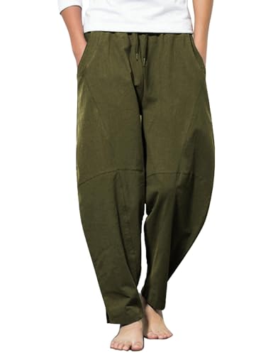 COOFANDY Haremshose Herren Leinen Hosen mit Tunnelzug Yogahose mit Taschen Sommer Lange Hosen Regular Armeegrün 3XL von COOFANDY