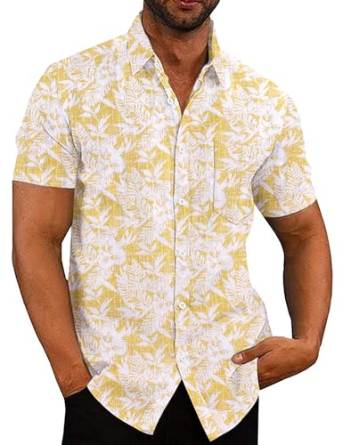 COOFANDY Hawaii Hemd Männer Hawaii Hemd Herren Hemd Sommer Leinenhemd Leicht Kurzarmhemden Sommer Strand Hemd Sommerhemd Urlaub Shirt Gelbe Blätter 3XL von COOFANDY