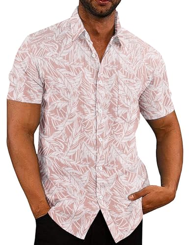 COOFANDY Hawaii Hemd Männer Hawaiihemd Herren Kurzarm Hemden Sommer Hemd Leinenhemd Kurzarmhemd mit Tasche Strandhemd Button Down Shirt Rosa Palmblätter 2XL von COOFANDY