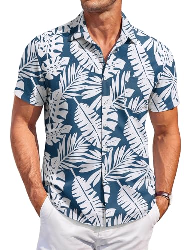 COOFANDY Hawaii Hemd Männer Herren Hemd Kurzarm Bügelfrei Hawaiihemd Herren Hemd Sommer Urlaubshemd Strandhemd ZBlau-Palmblatt M von COOFANDY