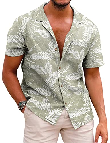 COOFANDY Hawaii Hemd Männer Leinenhemd Baumwolle Hawaii Kurzarmhemd Freizeit Sommer Button Down Hemden for Herren Grün XXXL von COOFANDY