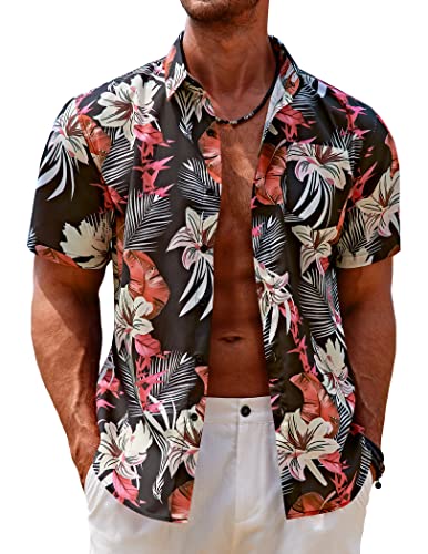 COOFANDY Hawaii Hemd Männer Sommer Kurzarm Blumenmuster Hemden Herren Casual Unisex Outdoor Freizeithemden Mit Tasche PAT16 XXL von COOFANDY