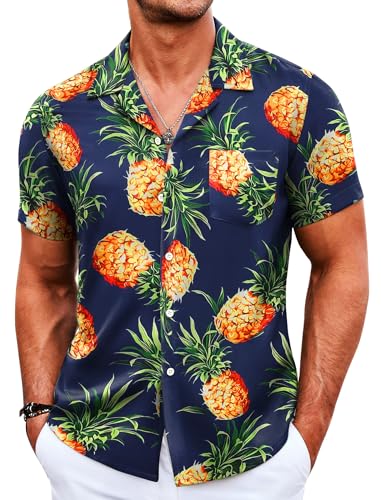 COOFANDY Hawaii-Hemden für Herren, lässig, Button-Down-Kurzarmhemd, Ananas Navy, Klein von COOFANDY