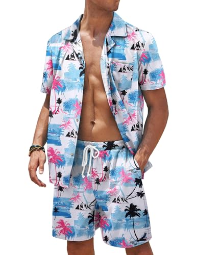 COOFANDY Hawaii Outfit Herren Kurzarm Party Button Down Sommerhemd Sets Casual 2 Teiler Urlaub Festival Strandhemd Palme Weiß S von COOFANDY