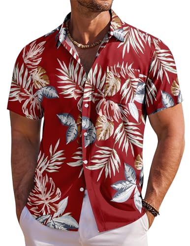 COOFANDY Hawaiihemd Herren Hemd Kurzarm Sommerhemd Herren Freizeithemden Blumen Urlaub Strand Hemd Regular Fit Rot-Tropisches Blatt XL von COOFANDY