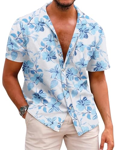 COOFANDY Hawaiihemd Herren Kurzarmhemd Sommer Herrenhemden Kurzarm Baumwolle Blumen Shirt Floral Strandhemd Bügelfrei Button Down Kurzarm Hawaii Shirt B-Hellblau 3XL von COOFANDY