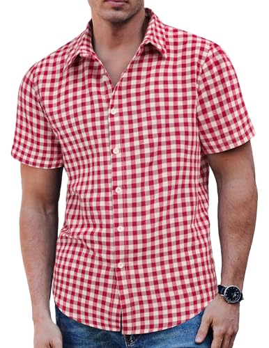 COOFANDY Hemd Herren Kurzarm Kariertes Freizeithemd Baumwolle Sommer Trachtenhemden Casual Kurzarmhemd Weiß Rot L von COOFANDY