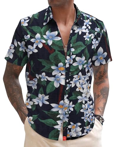 COOFANDY Hemd Herren Kurzarm Leinenhemd Freizeithemd Sommer Strandhemd Regular Fit Hawaii Hemd Mann Blaue Blüten&Grüne Blätter XXL von COOFANDY