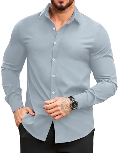 COOFANDY Hemd Herren Langarm Businesshemden Stretch Freizeithemden Langarm Hemd Bügelfrei Regular Fit Hemd Hochzeit Hellblau M von COOFANDY