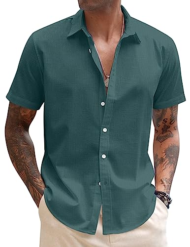 COOFANDY Hemden Herren Kurzarm Leinen Hemd Strand Herrenhemd Sommer Hemden Regular Fit Kent Kragen Vacation Leinen Shirt Casual Button-Up Immergrün L von COOFANDY