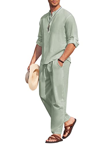 COOFANDY Herren 2 Stück Baumwolle Leinen Set Langarm Henley Hemden Casual Strand Hosen mit Taschen Sommer Yoga Outfits, Hellgrün, Large COOFANDY Herren 2 Stück Baumwolle Leinen Set Langarm Henley Hemden Casual Strand Hosen mit Taschen Sommer Yoga Outfits, Hellgrün, Large von COOFANDY