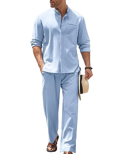 COOFANDY Herren 2-teiliges Baumwoll-Leinen-Set, langärmelig, Button-Up-Shirt und Strandhose, Sommer-Yoga-Outfits, Hell, blau, XX-Large von COOFANDY