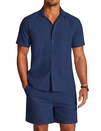 COOFANDY Herren 2-teiliges Leinen-Set, kurzärmelig, Button-Down-Shirts, Sommer, Strand, Shorts, Freizeit-Outfits, Marineblau, XXX-Large von COOFANDY