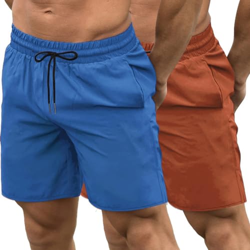 COOFANDY Herren 2er-Pack Gym Workout Shorts Quick Dry Bodybuilding Gewichtheben Hosen Training Laufen Jogger mit Taschen, Blau/Orange, Mittel von COOFANDY