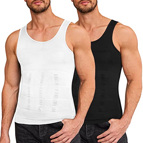 COOFANDY Kompressionsshirt für Herren, zum Abnehmen, Bodyshaper, Weste, Fitnessstudio, Workout, Tank-Top, ärmellos, Bauch, Shapewear, 2er-Pack: schwarz + weiß, Mittel von COOFANDY