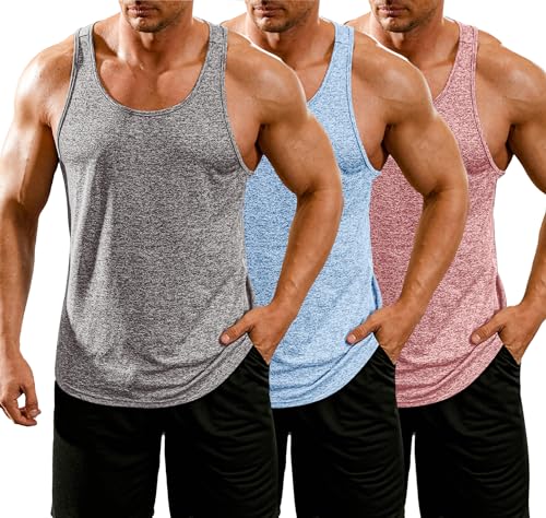 COOFANDY Herren 3er Pack Tank Tops Sommer Sport Gym Unterhemd Tanktop Shirt Fitness Herren Lockeres Top Mittelgrau/Hellblau/Rosa L von COOFANDY