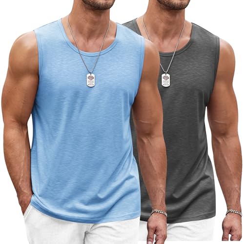 COOFANDY Herren Ärmelloses Laufshirt Tanktop atmungsaktives elastisches Quick Dry Funktionsshirts Baselayer Sports Fitness Dunkelgrau/Hellblau XL von COOFANDY