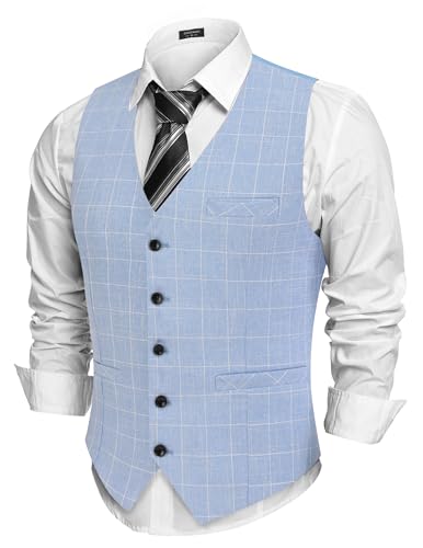 COOFANDY Herren-Anzugweste, schmale Passform, formelle Weste, Business-Weste, Plaid Blazer - Himmelblau, X-Large von COOFANDY