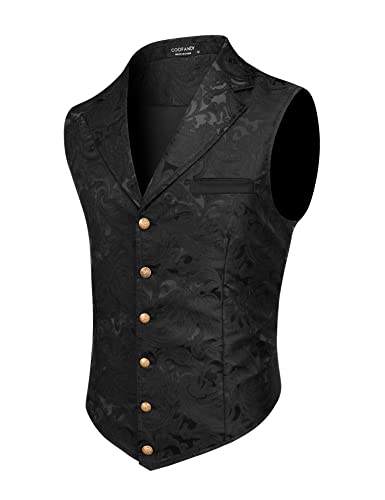 COOFANDY Herren-Anzugweste mit Paisleymuster, viktorianischer Weste, Gothic, Steampunk, formelle Weste, Smoking-Weste mit eingekerbtem Revers, Schwarz, Large von COOFANDY