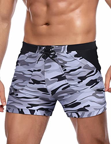 COOFANDY Herren-Badeanzug, Camouflage, schnelltrocknend, Herren-Badehose, Badehose mit Taschen, Kurz - Dunkelgrau, M von COOFANDY