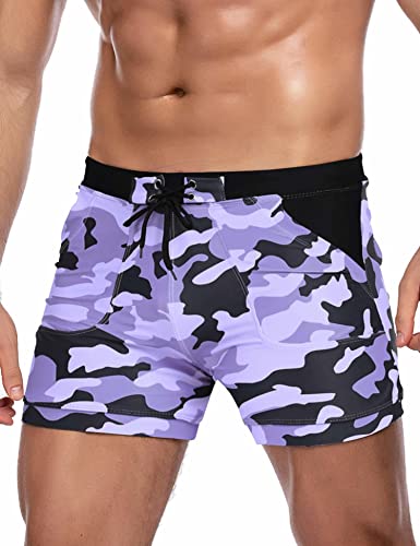 COOFANDY Herren-Badeanzug, Camouflage, schnelltrocknend, Herren-Badehose, Badehose mit Taschen, Slip - Grau Lila, XXL von COOFANDY