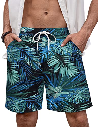 COOFANDY Herren-Badehose, Board-Shorts, Sommer, Strand-Shorts, Badebekleidung für Herren, ohne Futter, Blaues Blatt, L von COOFANDY