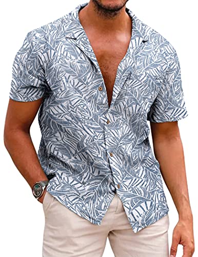 COOFANDY Herren Baumwoll-Leinen-Hemd, kurzärmelig, Knopfleiste, entspannte Passform, Strand-Shirts mit Blumenmuster - - Groß von COOFANDY