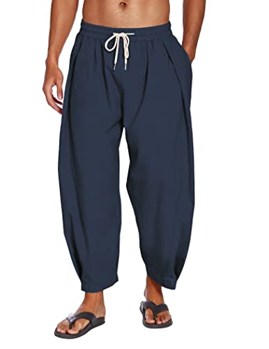 COOFANDY Herren Baumwolle Leinen Haremshose Kordelzug Casual Cropped Hose Leichte Lose Strand Yoga Hose mit Taschen, Navy Blue, Mittel von COOFANDY