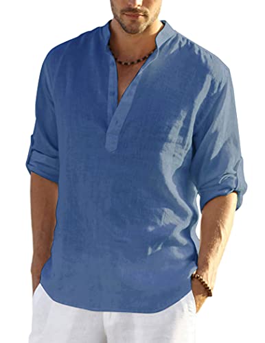 COOFANDY Langarmshirt Herren Hemd Leinenhemd Baumwolle Hemd Herren Stehkragen Freizeithemd Buissness Sommerhemd Casual Regular Fit Denim-blau M von COOFANDY