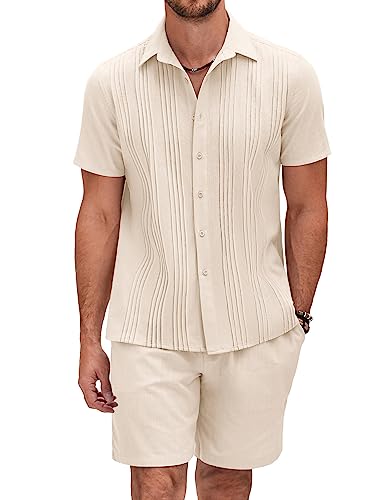 COOFANDY Herren Baumwolle Leinen Sets Kurzarm Falten Guayabera Anzüge 2 Stück Button Down Hemd und Shorts Strand Outfits, Khaki (Baumwollstoff, Leinenstruktur), XX-Large von COOFANDY