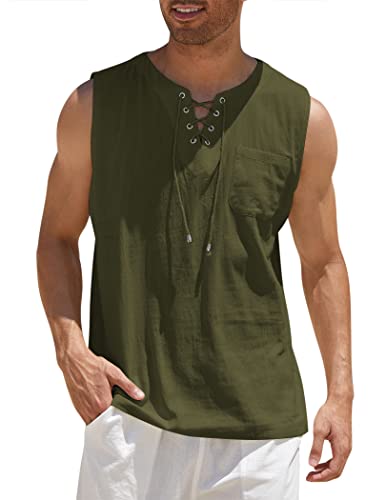 COOFANDY Herren Baumwolle Leinen Tank Top Shirts Casual Ärmellos Lace Up Strand Hippie Tops Bohemian Renaissance Piraten Tunika, Armee, XL von COOFANDY