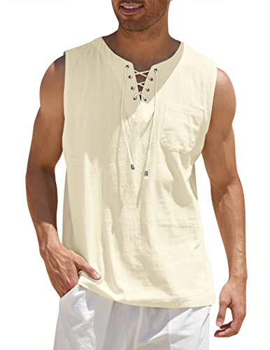 COOFANDY Herren Baumwolle Leinen Tank Top Shirts Casual Ärmellos Lace Up Strand Hippie Tops Bohemian Renaissance Piraten Tunika, Cream, Klein von COOFANDY