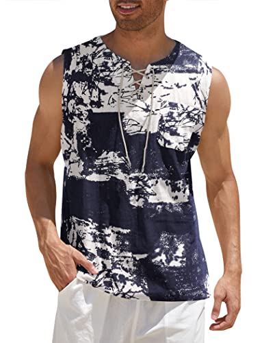 COOFANDY Herren Baumwolle Leinen Tank Top Shirts Casual Ärmellos Schnürung Strand Hippie Tops Bohemian Renaissance Pirat Tunika, Tie-Dye/Navy, 3X-Groß von COOFANDY