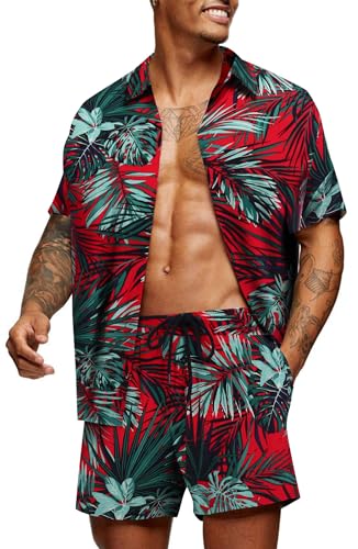 COOFANDY Herren Sommerhemd Hawaii Hemd Shirt und Shorts Set Männer Freizeithemd Kurzarm Regular Fit Blumenmuster XXL von COOFANDY