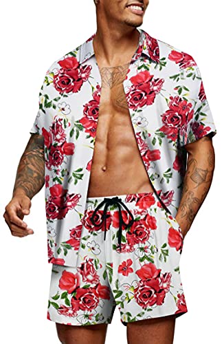 COOFANDY Herren Blumen Casual Button Down Kurzarm Hawaiihemd Anzüge Weiße Blume XXL von COOFANDY
