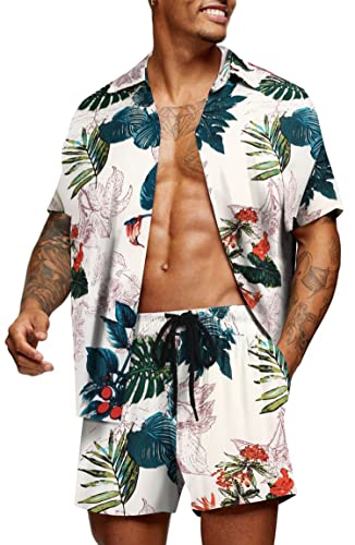 COOFANDY Herren Blumen Hemd Hawaii Sets Casual Button Down Kurzarm Hemd, Blätter, X-Groß von COOFANDY