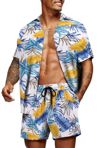 COOFANDY Herren Blumen Hemd Hawaii Sets Casual Button Down Kurzarm Hemd, Weiße blaue Blume, Mittel von COOFANDY