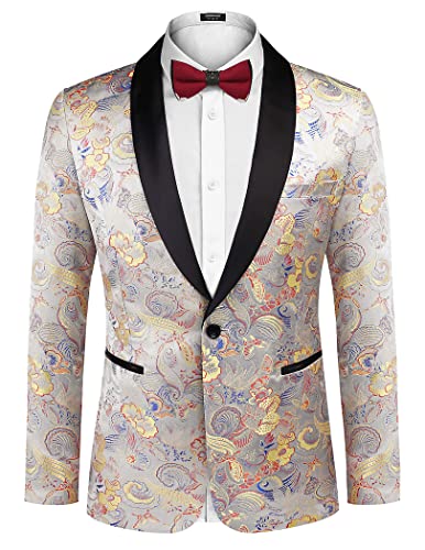 COOFANDY Herren Blumen Kleid Anzug Luxus bestickt Hochzeit Blazer Abendessen Smoking Jacke für Party, Luxus-Silber, XL von COOFANDY