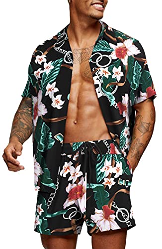 COOFANDY Herren Blumenhemd Kurzarm Strandhemd und Shorts Aloha Hemd Set Schwarze Blume XL von COOFANDY