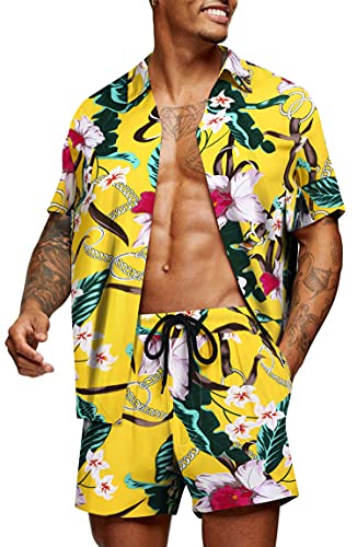 COOFANDY Herren Kurzarmhemd Blumenmuster Hawaii Hemd und Shorts Männer Button Down Sommerhemd L von COOFANDY