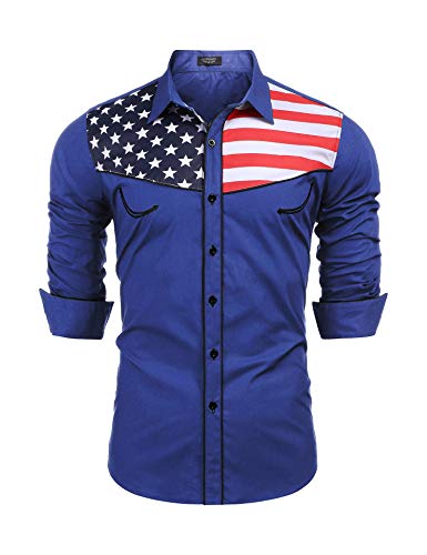 COOFANDY Herren Casual American Flag Button Down Shirts Slim Fit Langarm Shirt - Blau - Mittel von COOFANDY