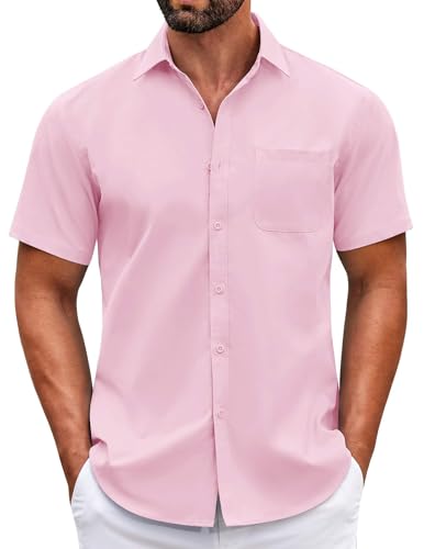 COOFANDY Herren Casual Button Down Hemd Knitterfrei Kurzarm Kleid Hemd, Pink, L von COOFANDY