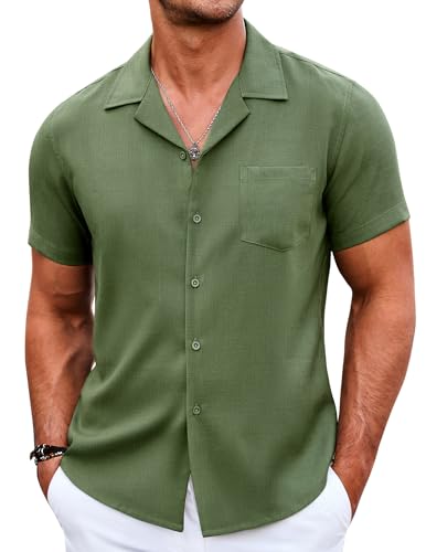 COOFANDY Herren Casual Button Down Shirt Kurzarm Leinen Hemden Strand Button Up Shirts Camp Kragen, Grün (Army Green), Klein von COOFANDY