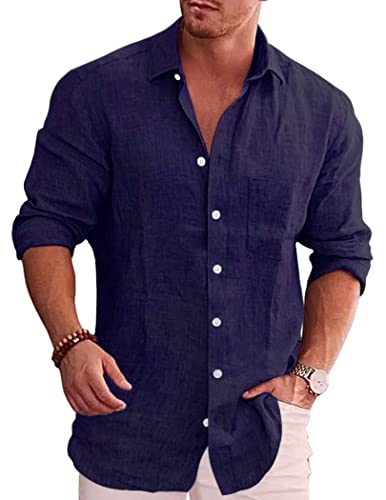 COOFANDY Herren Casual Button Down Shirt Langarm Leinen Chambray Shirt, Königsblau, Klein von COOFANDY