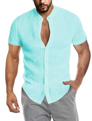 COOFANDY Herren Casual Leinen Hemd Band Kragen Kurzarm Button Down Hemd, Seladongrün, XL von COOFANDY